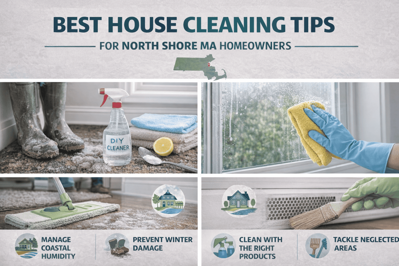 Best House Cleaning Tips for North Shore MA Homeowners Collage of home cleaning tasks including removing winter salt from floors, wiping windows, mopping surfaces, and dusting baseboards to reflect practical house cleaning tips for North Shore Massachusetts homeowners