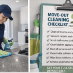 Professional house cleaner wiping kitchen surfaces next to a move-out cleaning checklist highlighting tasks like cleaning appliances, scrubbing bathrooms, and removing trash to help renters secure their security deposit