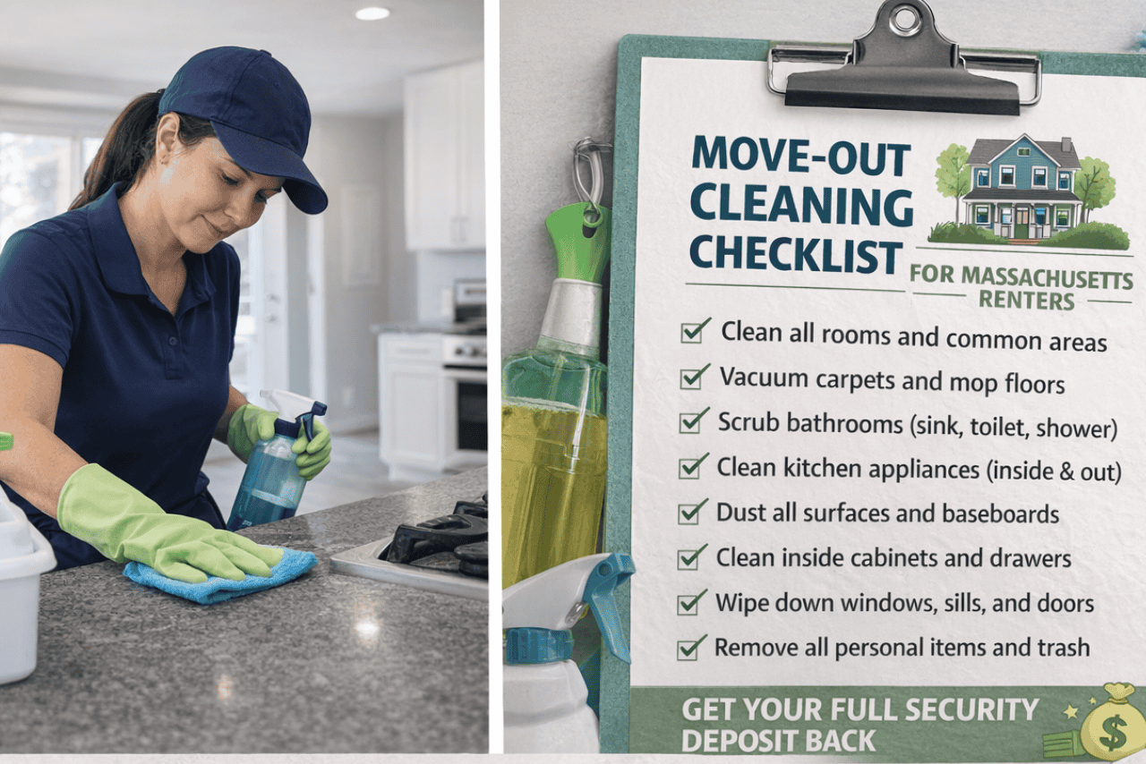 Professional house cleaner wiping kitchen surfaces next to a move-out cleaning checklist highlighting tasks like cleaning appliances, scrubbing bathrooms, and removing trash to help renters secure their security deposit
