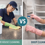 Side-by-side comparison of regular house cleaning and deep cleaning showing countertop wiping on one side and detailed grout and appliance cleaning on the other