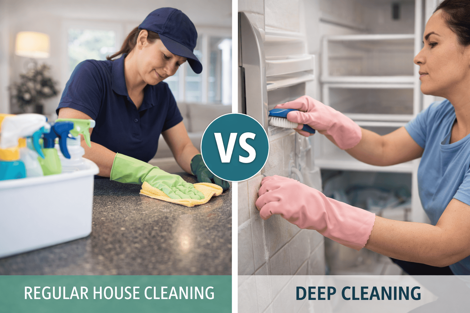 Side-by-side comparison of regular house cleaning and deep cleaning showing countertop wiping on one side and detailed grout and appliance cleaning on the other