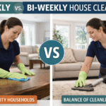Side-by-side image showing weekly house cleaning and bi-weekly house cleaning with a cleaner wiping a table on one side and vacuuming a living room on the other, illustrating different cleaning schedules