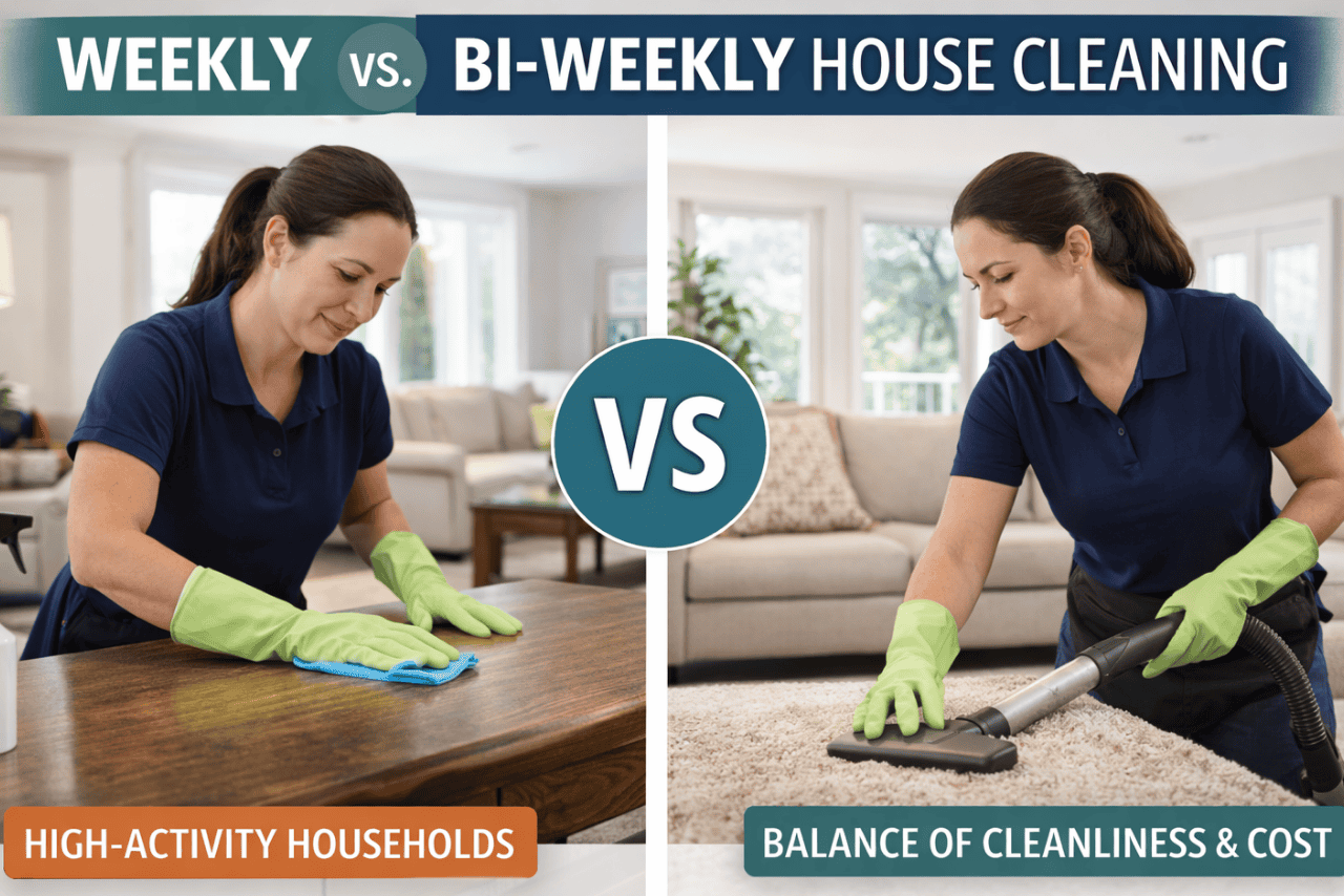 Side-by-side image showing weekly house cleaning and bi-weekly house cleaning with a cleaner wiping a table on one side and vacuuming a living room on the other, illustrating different cleaning schedules